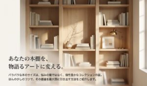 本棚を美しく整える考え方を紹介する表紙スライド。バラバラな本のサイズはコレクションの証だと伝える。