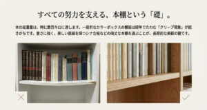 本の重量で棚板がたわむ例と、たわみにくい頑丈な棚の例を比較し、強い本棚選びが美観維持の鍵だと示す。