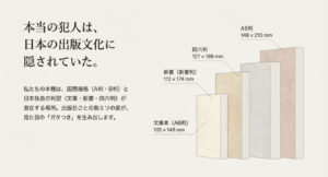 文庫(A6)・新書・四六・A5など判型の違いを図示し、本棚のガタつき原因が出版規格の混在にあると説明する。