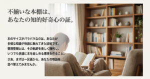 本のサイズがバラバラなのは多様な知識に触れてきた証だと肯定し、まずは一区画から整える行動を促すまとめスライド。