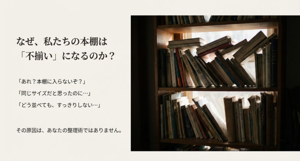 本棚に入らない、サイズが揃わない、カバーに入らないなどの悩みを提示する共感スライド。