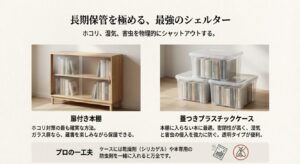 本を守るための保管アイテム(扉付き本棚、プラスチックケース)の紹介