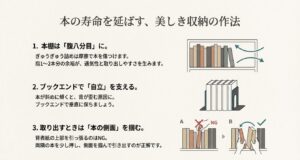 本を傷めない正しい収納方法(腹八分目、ブックエンド、取り出し方)の解説図