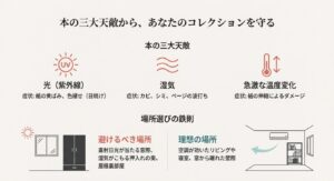 本を劣化させる三大天敵(光、湿気、温度変化)と避けるべき場所のイラスト