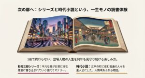 現代のビル街と江戸の町並みが本の中で繋がっているイメージ画像。シリーズと時代小説への招待。
