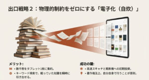 専門書をスキャンして電子化し、検索可能な知識資産に変換するイメージ