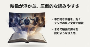 専門的な内容を短くテンポの良い文章で解説し、映画の脚本を読むような没入感を与える池井戸潤の筆致について解説したスライド 。