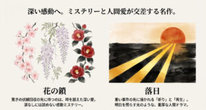 深い感動を呼ぶ『花の鎖』の鎖と花のイメージ、そして『落日』の夕日と再生を感じさせるイラスト。