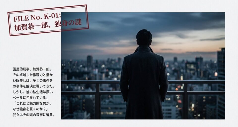 都市の夜景を見下ろす加賀恭一郎のシルエット。「国民的刑事、加賀恭一郎。なぜ独身を貫くのか?」という問いかけが記されたタイトルスライド。