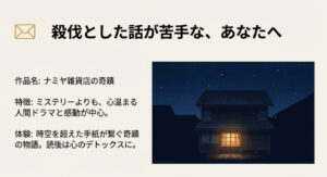 夜の雑貨店のイラスト。ミステリー要素よりも感動や人間ドラマを重視したい人におすすめの作品『ナミヤ雑貨店の奇蹟』の紹介スライド。