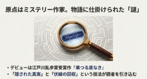 江戸川乱歩賞を受賞したデビュー作『果つる底なき』に触れ、隠された真実と伏線回収という技法が読者を引き込むことを解説するスライド 。