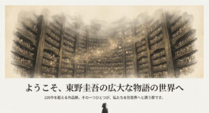 ようこそ、東野圭吾の広大な物語の世界へ」というタイトルで、100作を超える作品群があることを紹介するスライド画像。