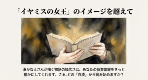 光り輝く本を開いている手元のイラスト。「イヤミスの女王」のイメージを超えて、豊かな読書体験へと誘うメッセージ。