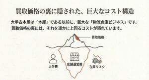 氷山のイラスト。水面上の小さな「買取価格」に対し、水面下には巨大な「店舗運営費」「人件費」「在庫リスク」が隠れている図。