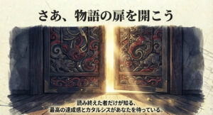開かれた扉の向こうに広がる物語の世界。最高の達成感とカタルシスが待っていることを象徴するイラスト。