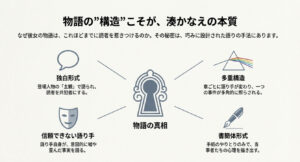 鍵穴のイラスト。独白形式、多重構造、信頼できない語り手、書簡体形式といった湊かなえ作品の本質である構造の解説。