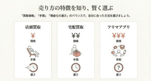店頭買取、宅配買取、フリマアプリの3つの方法を、価格・手間・現金化の速さで比較した一覧図。