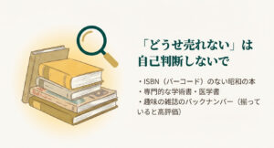 バーコードのない本や専門書、雑誌のバックナンバーなど、意外と売れる本のジャンルを示した図