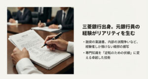 三菱銀行出身の経験から描かれる、稟議書や派閥争いなどの細部描写と、専門知識を伏線に変える技術を解説したスライド 。