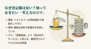 買取価格が決まる仕組みの図解。本の価値と、送料や倉庫代などのコストのバランスを示した天秤のイラスト