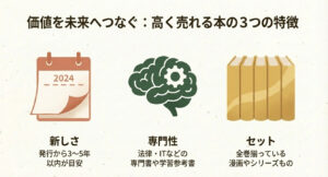 発行から3〜5年以内の新しさ、専門性、全巻セットなど、価値がつきやすい本の特徴