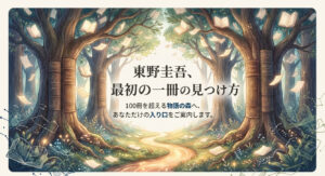 「東野圭吾、最初の一冊の見つけ方。100冊を超える物語の森へ、あなただけの入り口をご案内します」というタイトルが書かれたスライド画像。