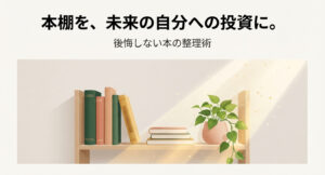 本棚を未来の自分への投資にするための、後悔しない本の整理術のイメージイラスト