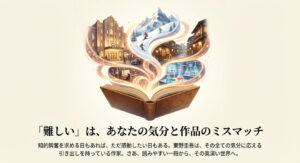 本の中から様々な世界が飛び出すイラストと共に、「難しい」は気分とのミスマッチであり、今の気分に合う一冊を見つけようと促すスライド。