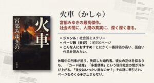 燃える機関車のイメージと『火車』のあらすじ、社会派ミステリーとしての特徴をまとめたスライド
