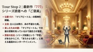 最新作『777 トリプルセブン』の解説。マリアビートルの精神的続編であり、不運な殺し屋・七尾が再び主人公となる物語。