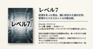 デジタルな数字の7のイメージと『レベル7』のあらすじ、ノンストップサスペンスとしての特徴をまとめたスライド