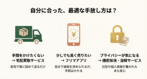 手間をかけたくない宅配買取、高く売りたいフリマアプリ、プライバシーを守る溶解サービスの選び方チャート