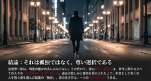 結論のスライド。加賀恭一郎の独身は孤独ではなく、多くの人を救うための尊い選択であるという総括メッセージ。