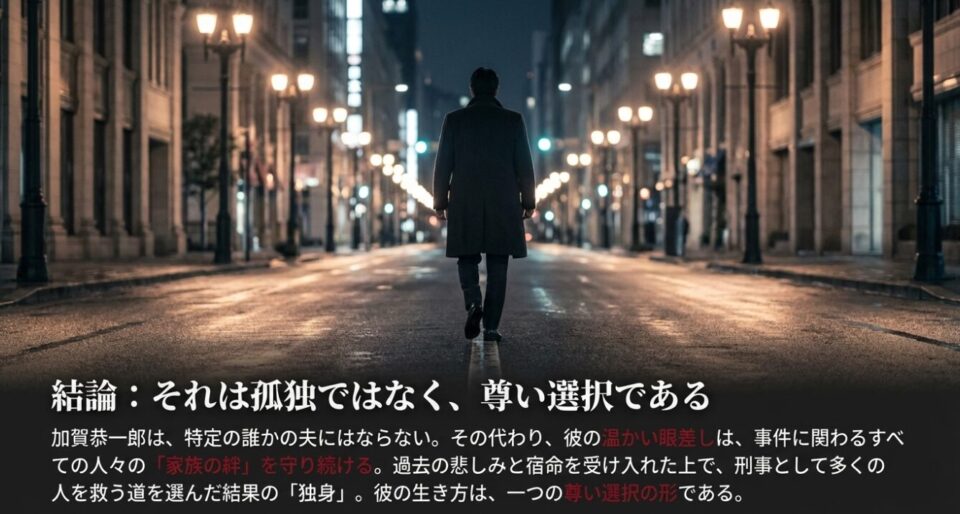 結論のスライド。加賀恭一郎の独身は孤独ではなく、多くの人を救うための尊い選択であるという総括メッセージ。