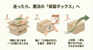 判断に迷う本を箱にまとめ、1年後の日付を書いて保管する「保留ボックス」の作り方