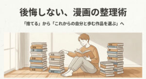 積み上げられた漫画の山を前に読書をする人のイラスト。「捨てる」から「これからの自分と歩む作品を選ぶ」へというコンセプトが書かれたスライド画像。