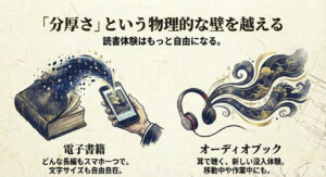 スマホとヘッドホンのイラスト。電子書籍による文字サイズ調整や、オーディオブックによる「耳で聴く」体験で物理的な重さを克服する提案。