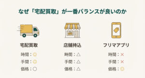 宅配買取、店舗持ち込み、フリマアプリの3つの方法における時間・手間・価格のバランス比較図