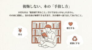 たくさんの本がある本棚の前で本を読み、穏やかな表情で微笑む男の子のイラスト。「後悔しない本の手放し方」というテキスト。