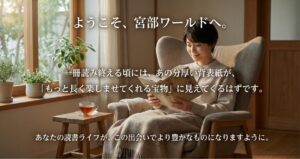 開かれた本から光が溢れるイメージ画像。「ようこそ、宮部ワールドへ」というメッセージ。