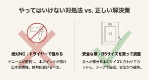 ブックカバーのサイズ調整方法。ドライヤーで温めるのはNG。B5サイズをカットして調整するのが安全で確実。