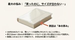100均のA5ブックカバーに分厚い本が入らない、サイズが合わないトラブルの事例イラスト。