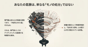 専門書が外部化された脳として機能し、手放すことへの葛藤を示した概念図