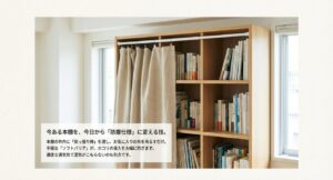 突っ張り棒と布を使った本棚の簡易防塵カーテン