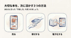 本を手放すための3つの選択肢（売る、寄付する、電子化する）をアイコンで示したイラスト。
