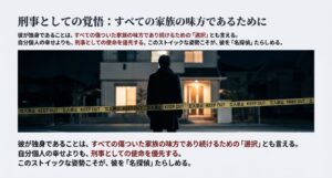 規制線(KEEP OUT)の前に佇む加賀恭一郎。個人の幸せよりも刑事としての使命を優先し、すべての家族の味方であり続ける覚悟を示した図。