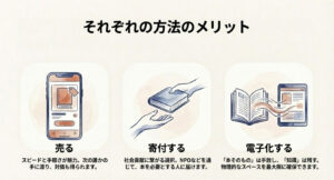 買取、寄付、電子化それぞれの方法におけるメリットと特徴を解説したスライド。