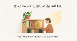整理されてすっきりした本棚と、新しい読書体験をイメージしたイラスト