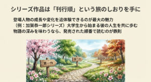 第一作、第二作と続く道標のイラストと共に、登場人物の成長を追うなら発売順が鉄則であることを示すスライド。