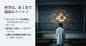 背景に複雑な数式が並ぶ中、「科学は、あくまで最高のスパイス」「謎を解く主役は、いつだって『人の心』」と強調されたスライド。